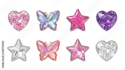 Colorful gemstone jewelry icons for Valentine's Day and romantic gifts. Sparkling diamond, butterfly, and star cutouts with transparent backgrounds.