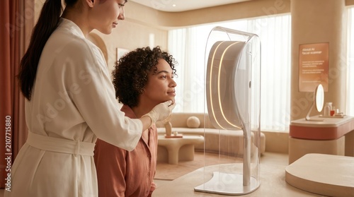 Skincare professional using high-tech facial scanner on woman in modern beauty salon.