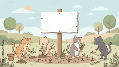 Cute flat vector illustration of four cartoon cats gardening, watering, and planting seedlings around a large blank wooden signpost in a beautiful spring nature landscape.
