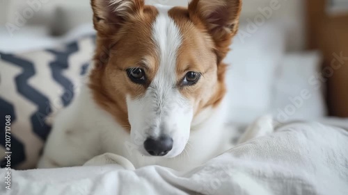 Cute mixed-breed dog waking up from a nap, lying on a cozy bed and looking at the camera