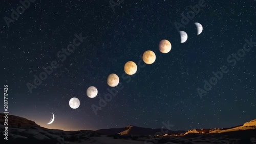 Lunar cycle showing the moon waxing from crescent to gibbous over a starry desert landscape