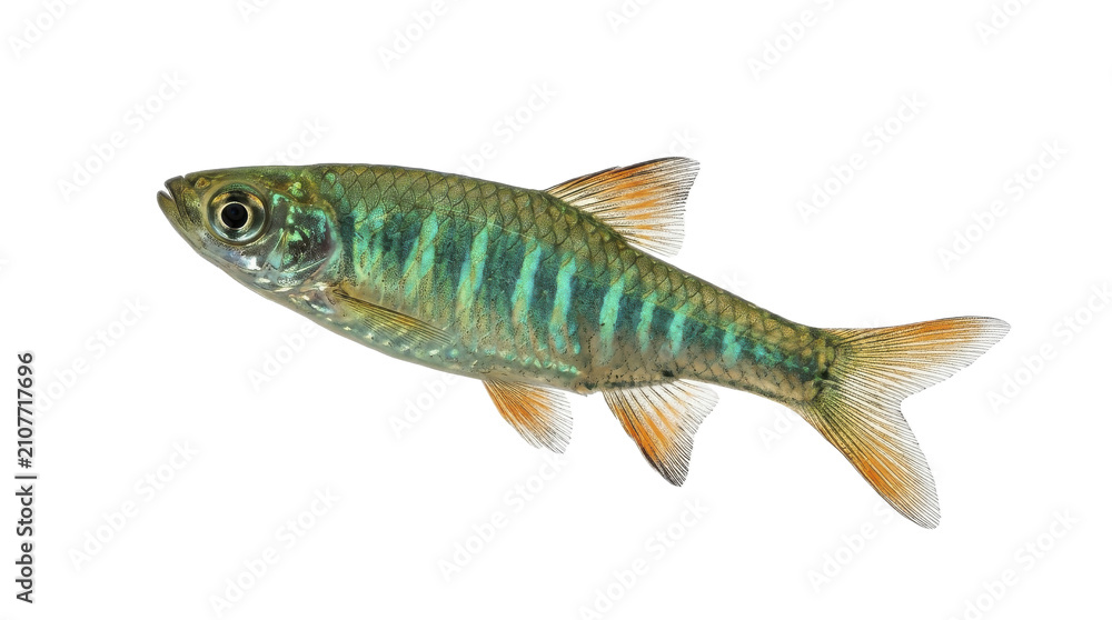 Fototapeta premium Emerald dwarf rasbora fish detailed scales and orange fins isolated on transparent background heteromorpha small tropical