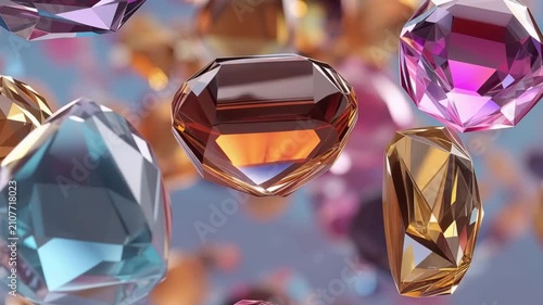 Abstract animation of beautiful, colorful, and shiny gemstones slowly falling and rotating