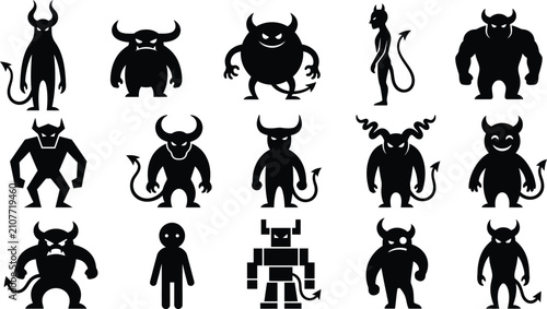 Obraz na plátně Black silhouettes of various devil and demon characters for Halloween designs
