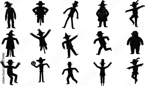 Canvas Print Halloween characters silhouettes in various poses on white background