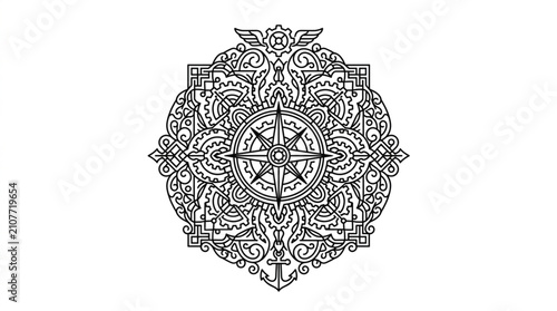 Foto Intricate Black and White Mandala Design Pattern.