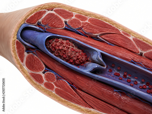 3D medical illustration of deep vein thrombosis DVT showing a blood clot in a leg vein