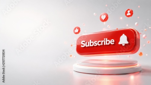 3D Floating Subscribe Button with Notification Bell and Social Media Icons on White Background