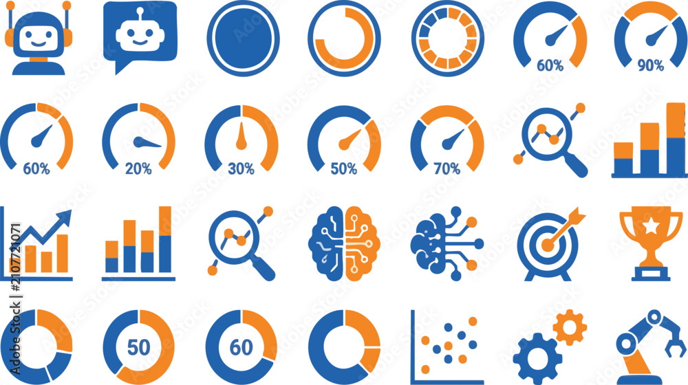 Fototapeta premium Artificial Intelligence Analytics Dashboard Icon Set – AI Metrics, Data Visualization, Machine Learning and Business Intelligence Flat Vector Icons