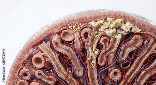 3D cross-section illustration of renal tissue showing calcium deposits and vascular structures