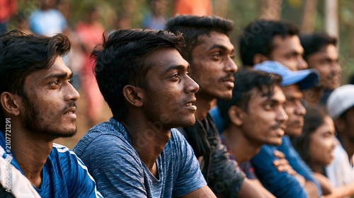 A row of young men watching an outdoor event with focused expressions and natural lighting