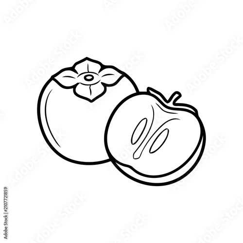 Line art illustration of whole and halved persimmon fruit.