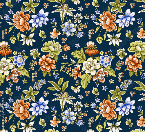 Canvastavla Vintage floral seamless pattern on dark blue background, elegant botanical texti