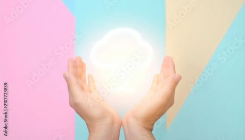 Open Hands Holding Glowing Cloud Shape Against Pastel Geometric Background