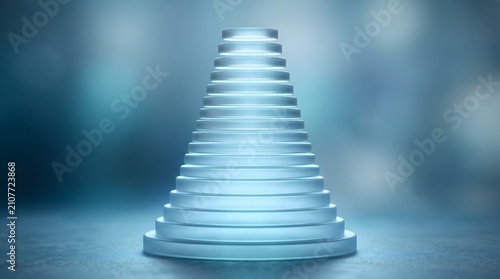 A glowing spiral staircase ascending in a futuristic blue-lit environment.