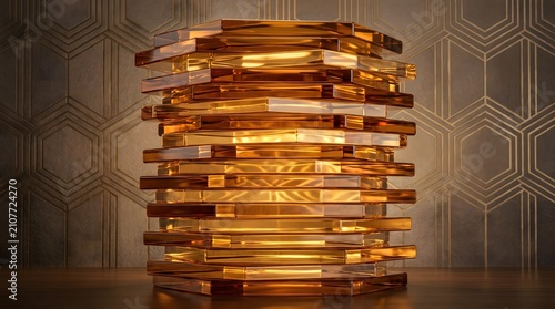 A modern lamp with stacked wooden layers emitting warm light on a geometric.