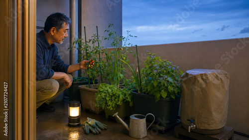 雨上がりのベランダ菜園を確認する都市生活者