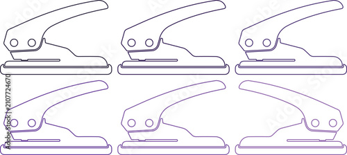 Minimalist hole puncher vector set, purple line art office stationery icons, professional paper punch tool collection for document organization