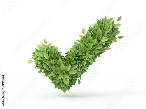 3D Green Leaf Checkmark on White Background