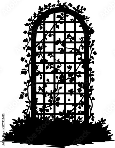 Black Silhouette of Arched Garden Trellis with Climbing Ivy Vines and Foliage Vector Illustration