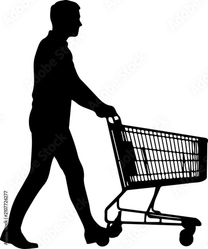 Silhouette of a Man Pushing a Shopping Cart Vector Illustration Isolated on White Background
