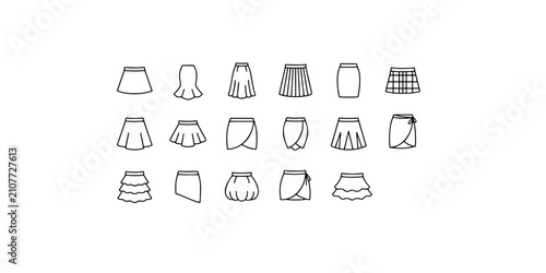 Fotografie Icon set collection of trendy women skirts pleated mini midi pleated wrap casual apparel linear outline vector symbols on white background