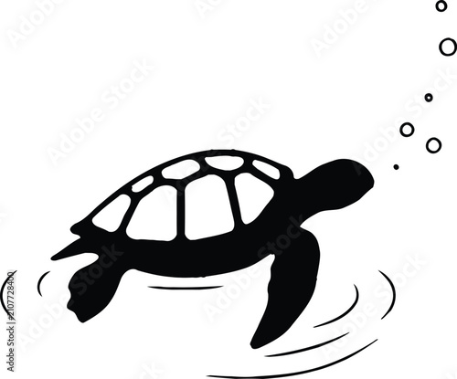 Minimalist Sea Turtle Silhouette Swimming with Bubbles | Black Vector Illustration Isolated on White