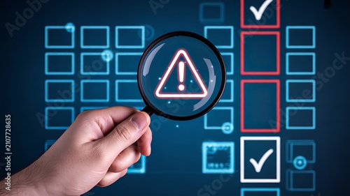 Business compliance checklist with warning symbol for risk management and quality control