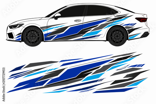 Blue racing car wrap vinyl decal design.