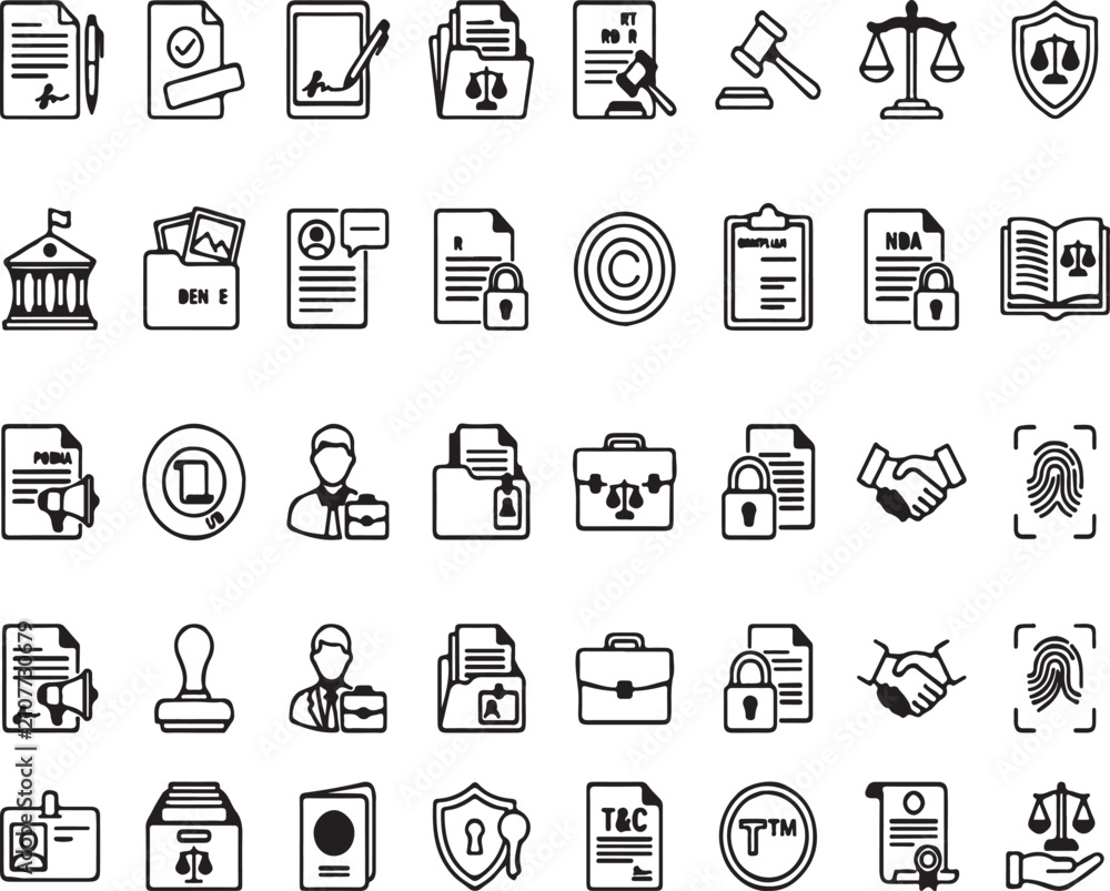 Fototapeta premium Set of outline law and justice vector icons for legal services, court, and contracts