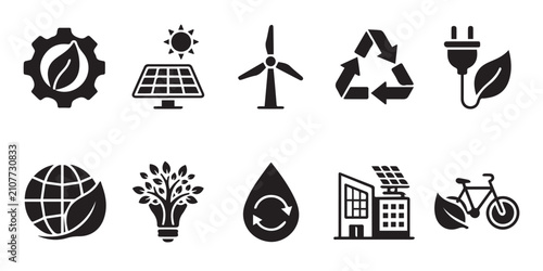 Sustainability and green energy icons. Eco friendly environment symbols for web design. A collection of black vector icons representing renewable energy, recycling, and environmental sustainability.