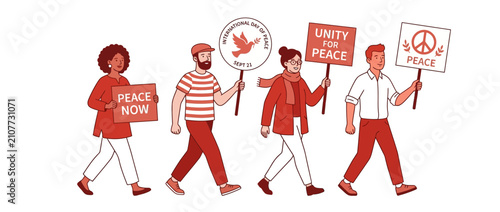 Diverse people marching for peace in a protest