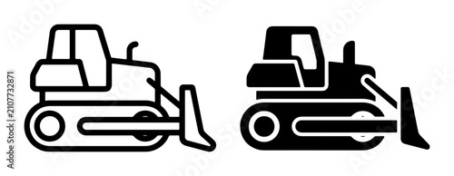 Photography Bulldozer Icons: Line Art and Solid Fill Vector Graphics for Construction and He