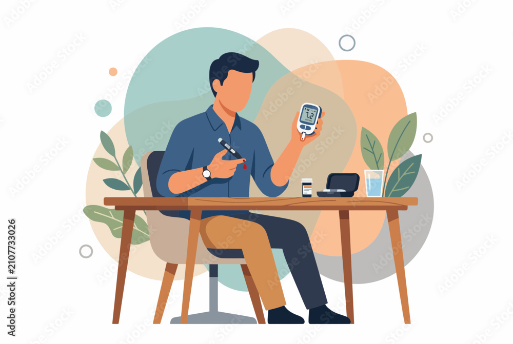 Fototapeta premium Man Checking Blood Sugar Levels with Glucometer at Desk