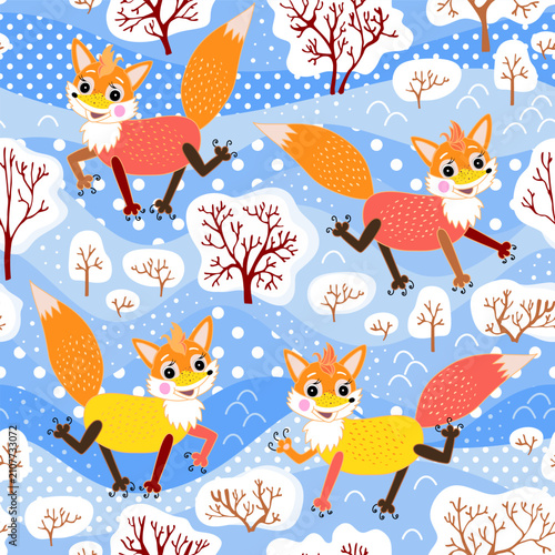 Seamless pattern with cute foxes in winter forest with snow-covered trees and...