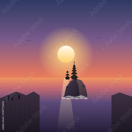 Minimalist Sunset Landscape with Floating Island, Pine Trees, and Mountain Cliffs