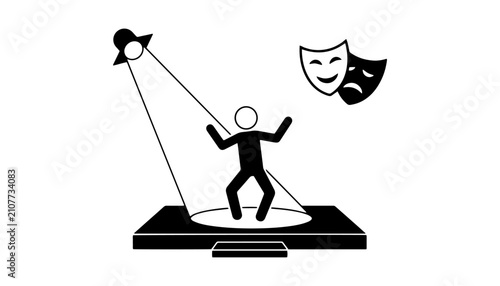 Obraz na plátne Actor performing on stage under spotlight with theater masks vector illustration