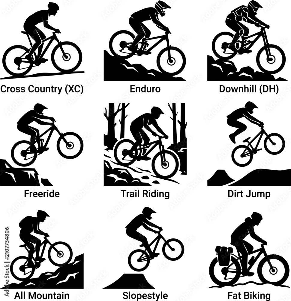 Obraz premium Mountain biking discipline labels with silhouette icons for cross country enduro downhill freeride trail riding dirt jump all mountain slopestyle and fat biking.