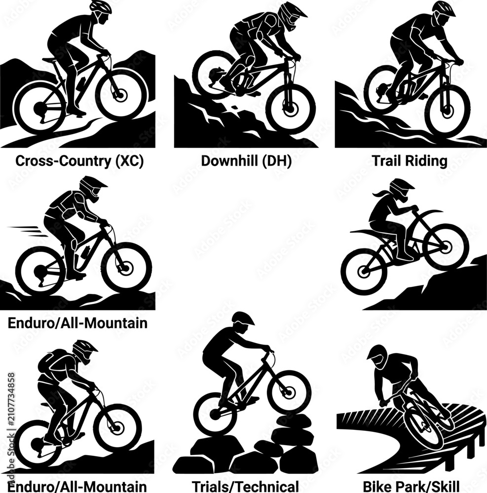 Fototapeta premium Mountain biking silhouettes set, collection of six stylized black and white vector illustrations depicting various mountain bike disciplines.