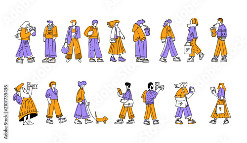 People collection in colorful casual outfits walking and enjoying seasonal outdoor activities