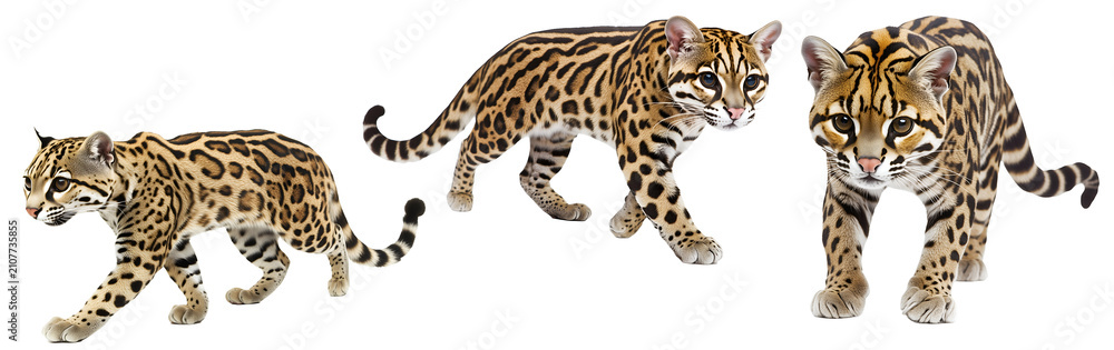 Obraz premium Set of three wild ocelot cats walking in different poses isolated on a transparent background