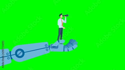 Robot hand holding businessman to see opportunity. AI help business success, future of AI working with humanity, robot automation or innovation support. 2d flat animation. Looped video. Alpha channel