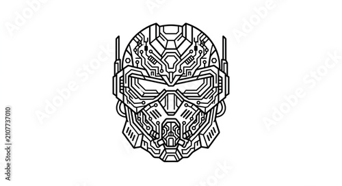 Canvas Print Intricate futuristic robot mask line art design.