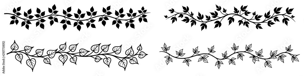 Fototapeta premium Foliage vine borders with decorative leaves in organic botanical style