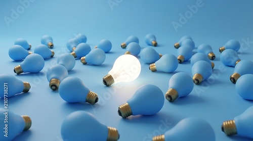 Single glowing light bulb standing out among many unlit blue bulbs on a vibrant blue background, symbolizing innovation and creativity