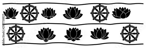 Tableau sur toile Lotus flower and dharma wheel horizontal borders for Buddhist inspired patterns