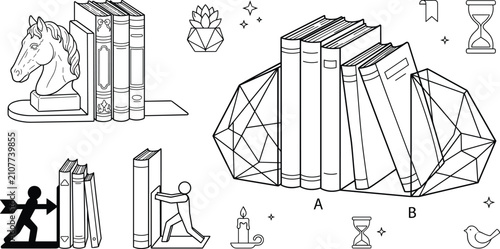 Fotografie Decorative Bookends and Book Shelf Line Art Icon Set for Library Decor, Vector