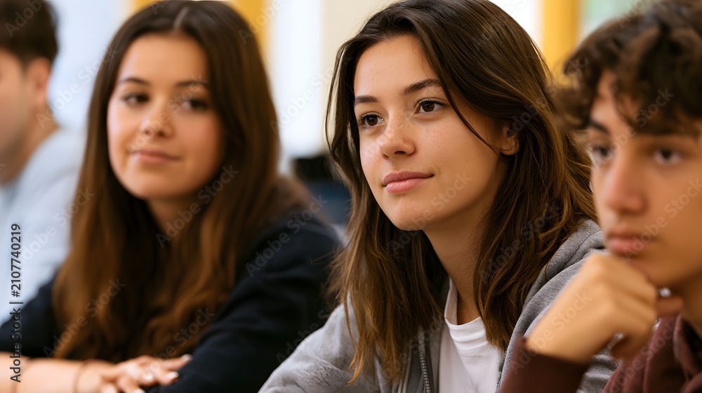 Obraz premium Three young people seated attentively in a classroom setting focused on something off with natural expressions