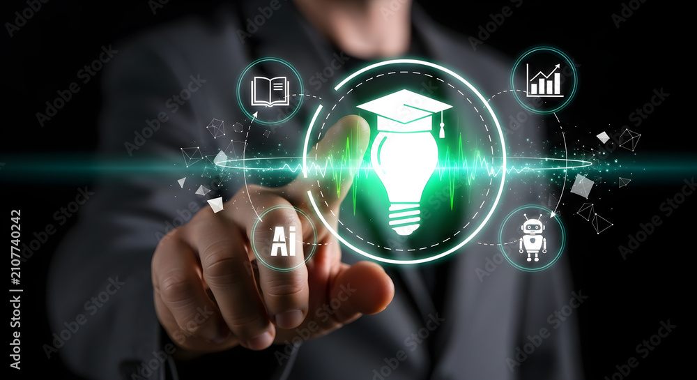Fototapeta premium Businessman Interacting with Futuristic Digital Education Tech Icon