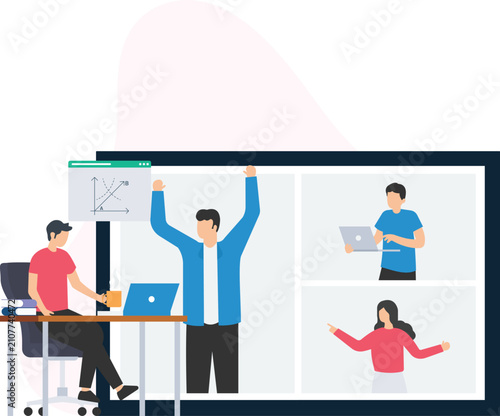 Business team in a virtual meeting for online collaboration and remote work. People on video conference celebrating success and discussing a data analysis chart for project management.